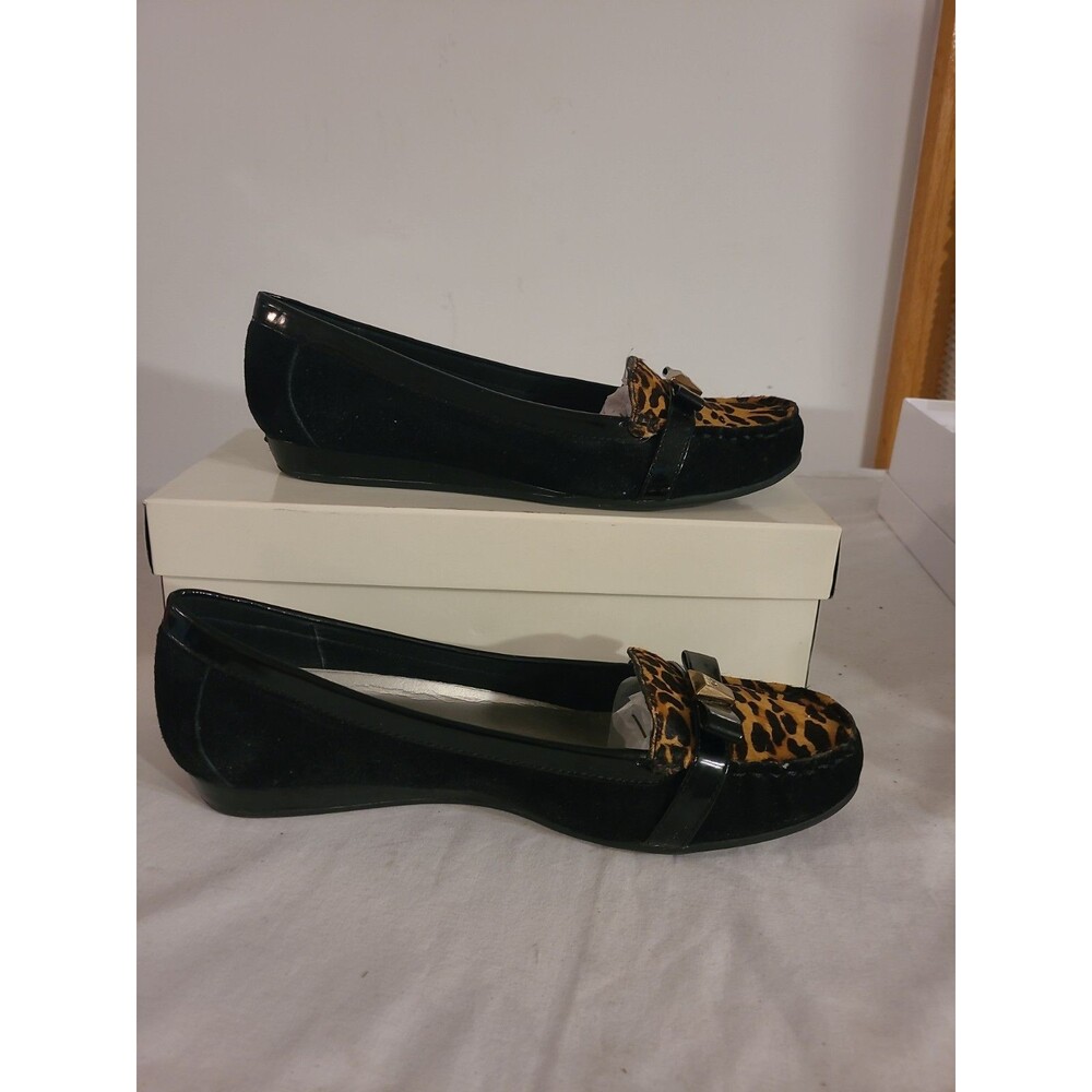 Anne Klein I-flex Leopard Print Cowhide Black Suede Loafer Wmn's Size 8.5M